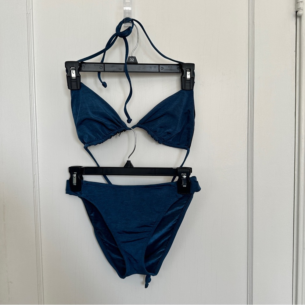 XOXO 2 piece bikini, metallic blue, size small, reversible top, never worn.